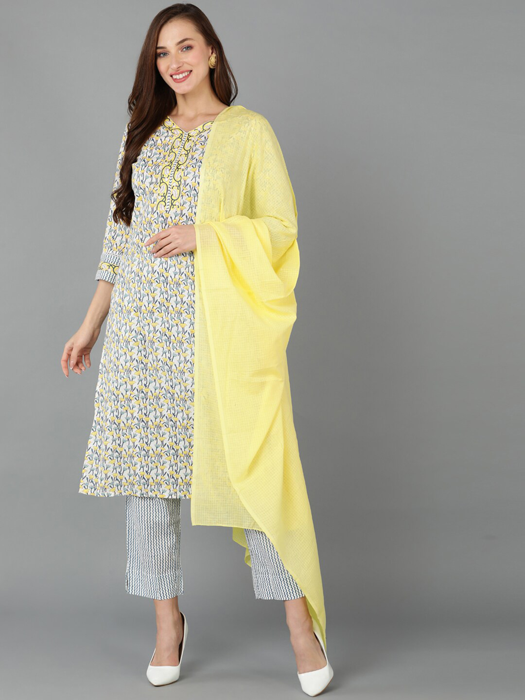 

AHIKA Floral Printed Straight Pure Cotton Kurta with Trousers & Dupatta, White