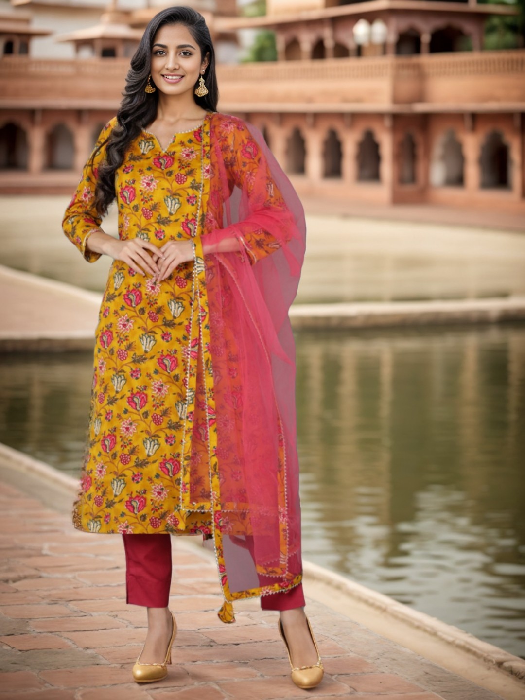 

AHIKA Floral Printed Gotta Patti Kurta with Trousers & Dupatta, Mustard