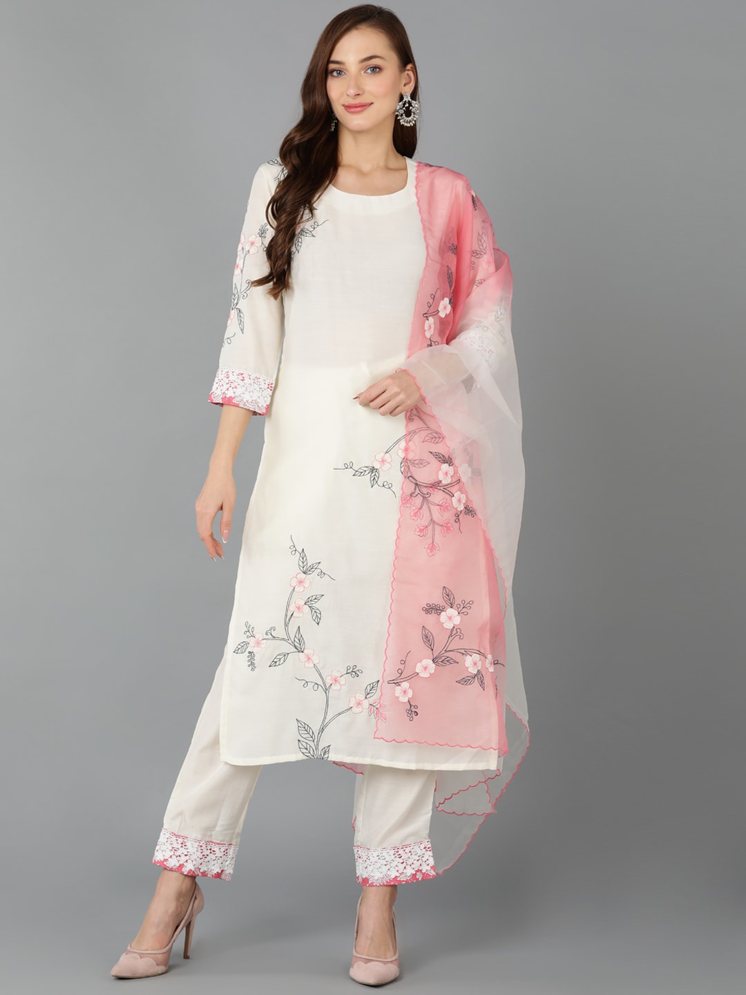 

AHIKA Floral Embroidered Straight Kurta with Trousers & Dupatta, White