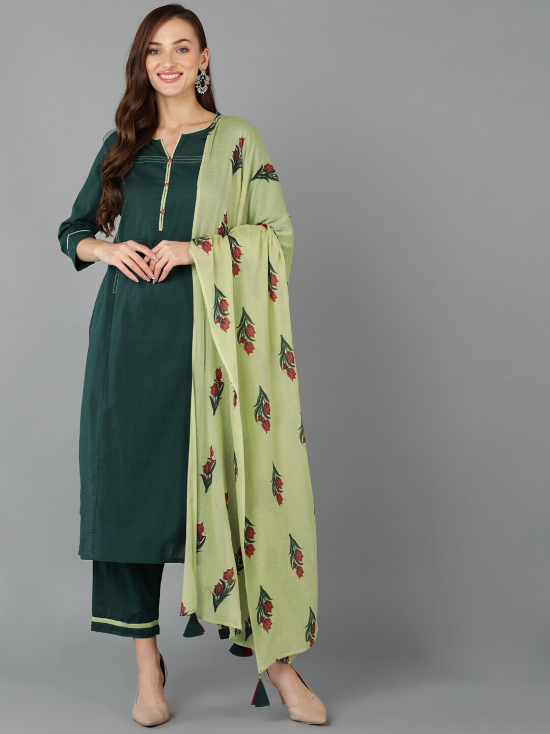

AHIKA Notched Neck Straight Pure Cotton Kurta with Trousers & Dupatta, Green