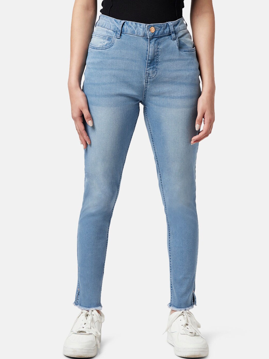 

People Women Skinny Fit Low Distress Cotton Jeans, Blue
