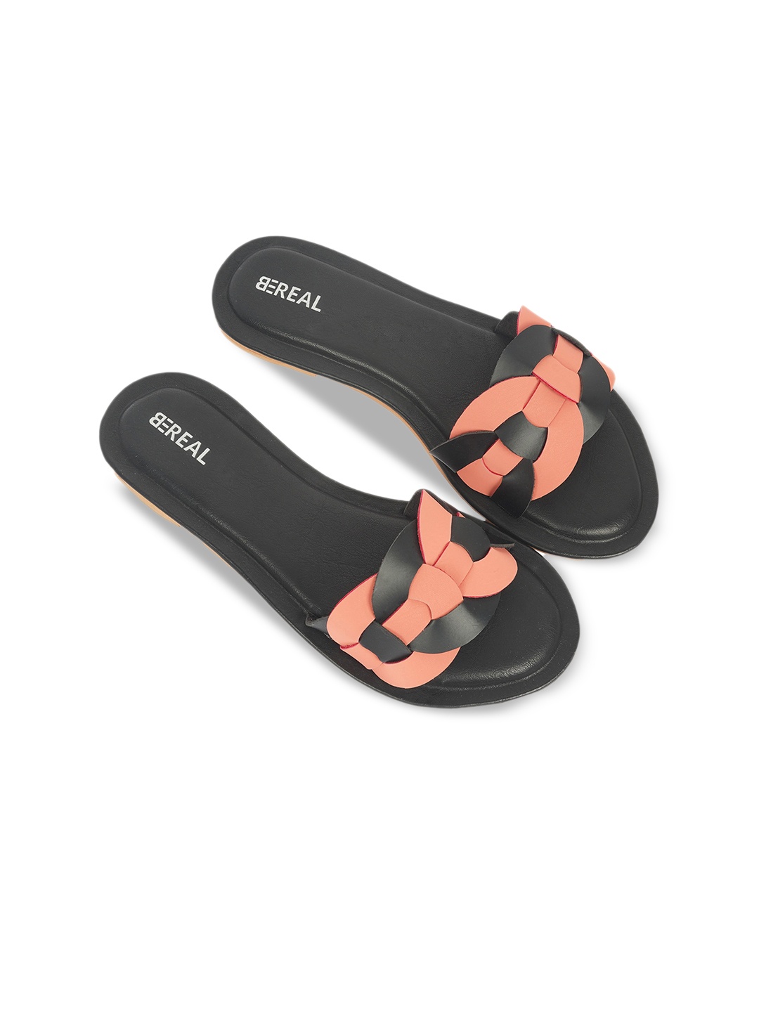 

BEREAL Women Textured Open Toe Casual Flats, Black