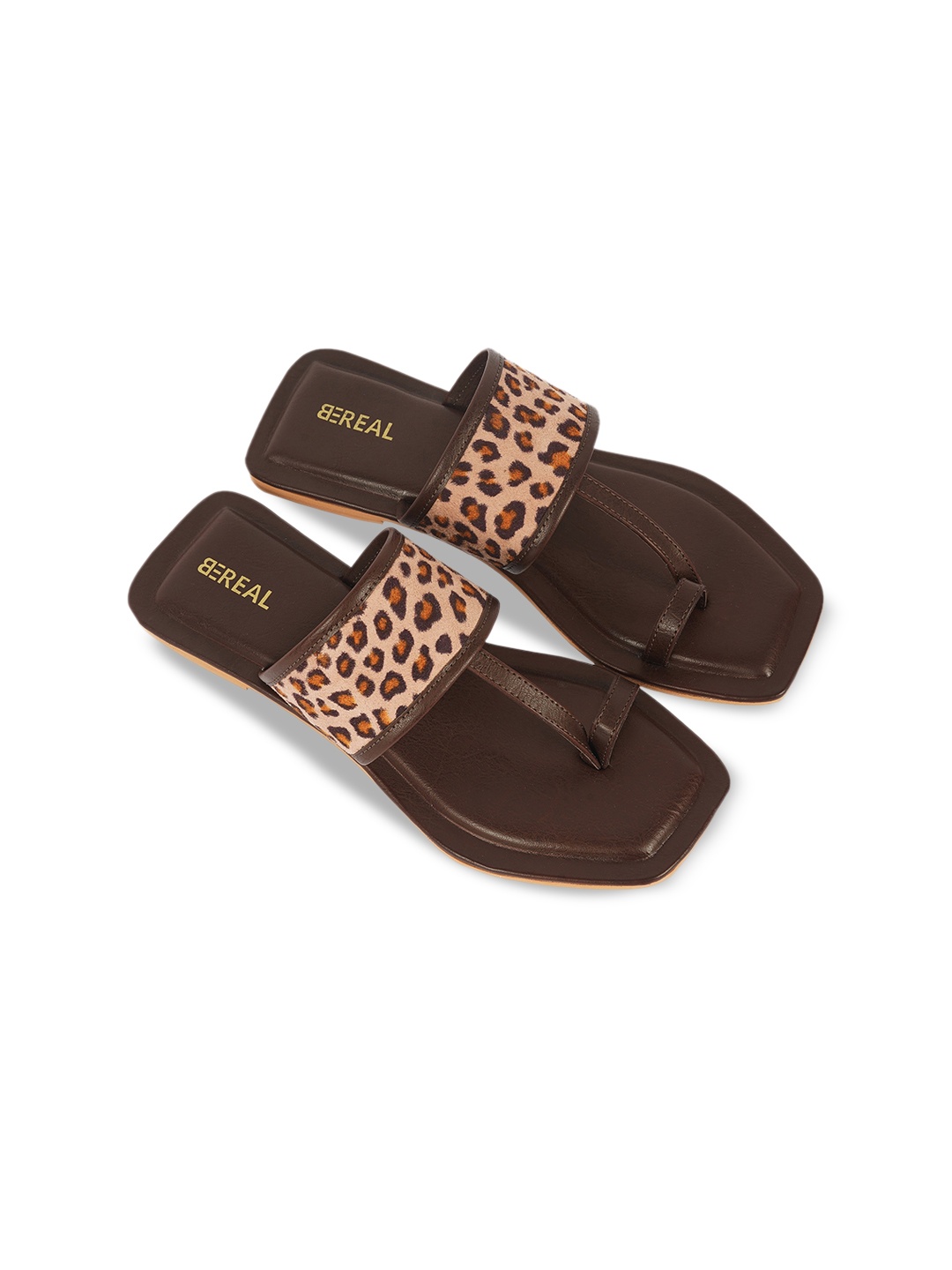 

BEREAL Women Printed One Toe Casual Flats, Brown