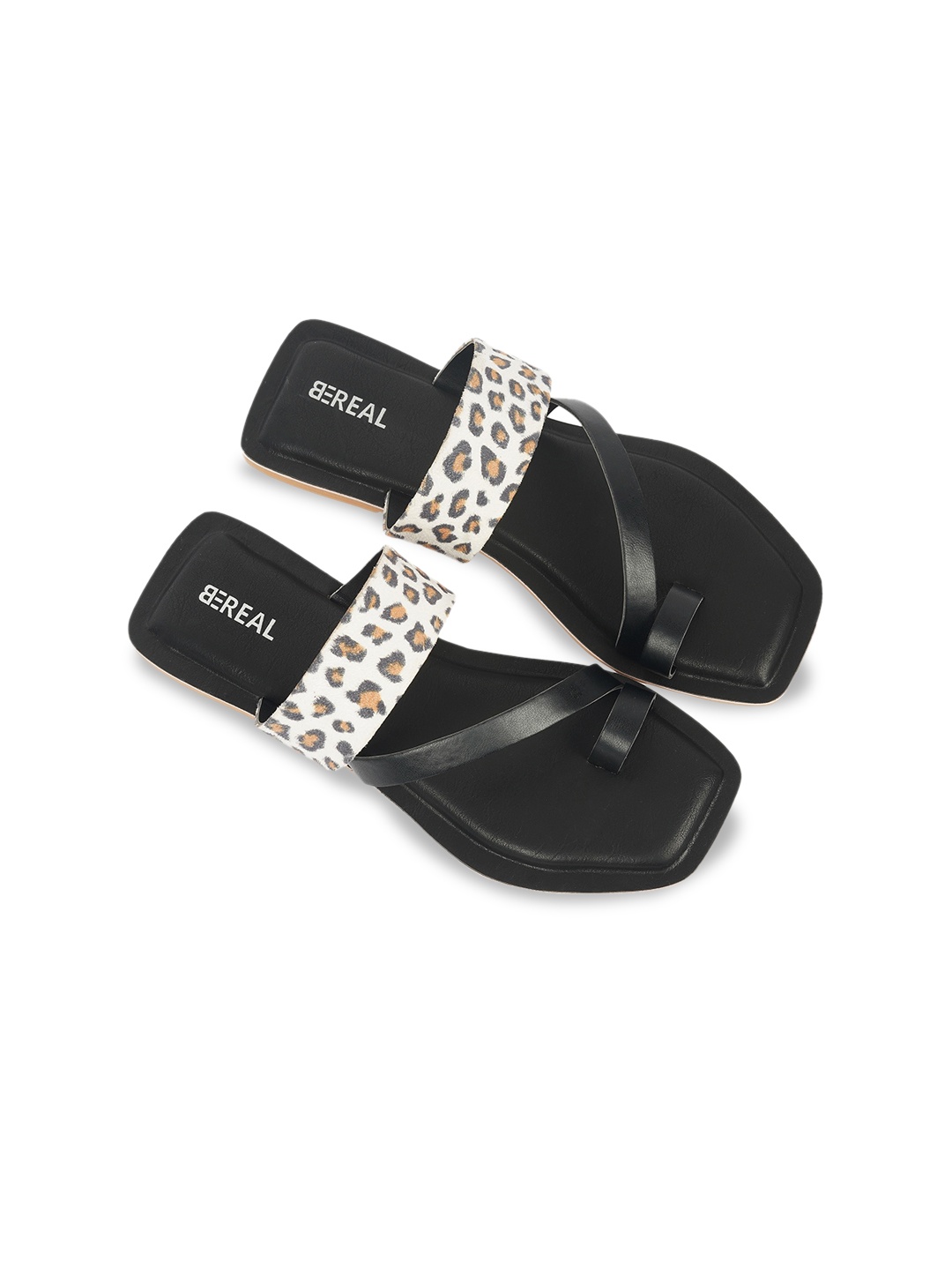 

BEREAL Women Printed Open One Toe Flats, Black