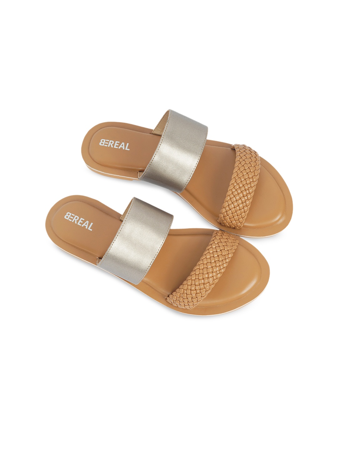 

BEREAL Women Textured Round Open Toe Flats, Beige