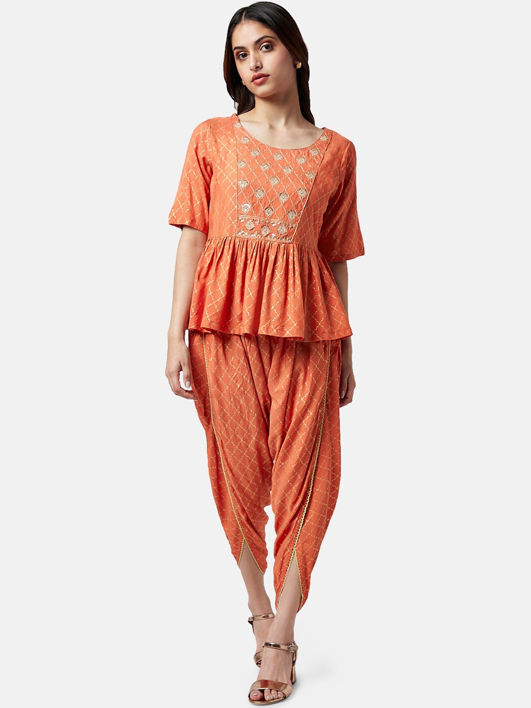 

AKKRITI BY PANTALOONS Embroidered Round Neck A-Line Top with Dhoti Pants, Rust