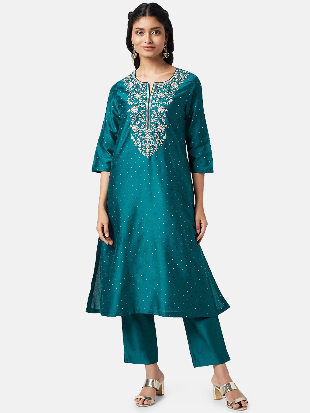 

RANGMANCH BY PANTALOONS Ethnic Motifs Yoke Design Zari Kurta With Trousers & Dupatta, Teal