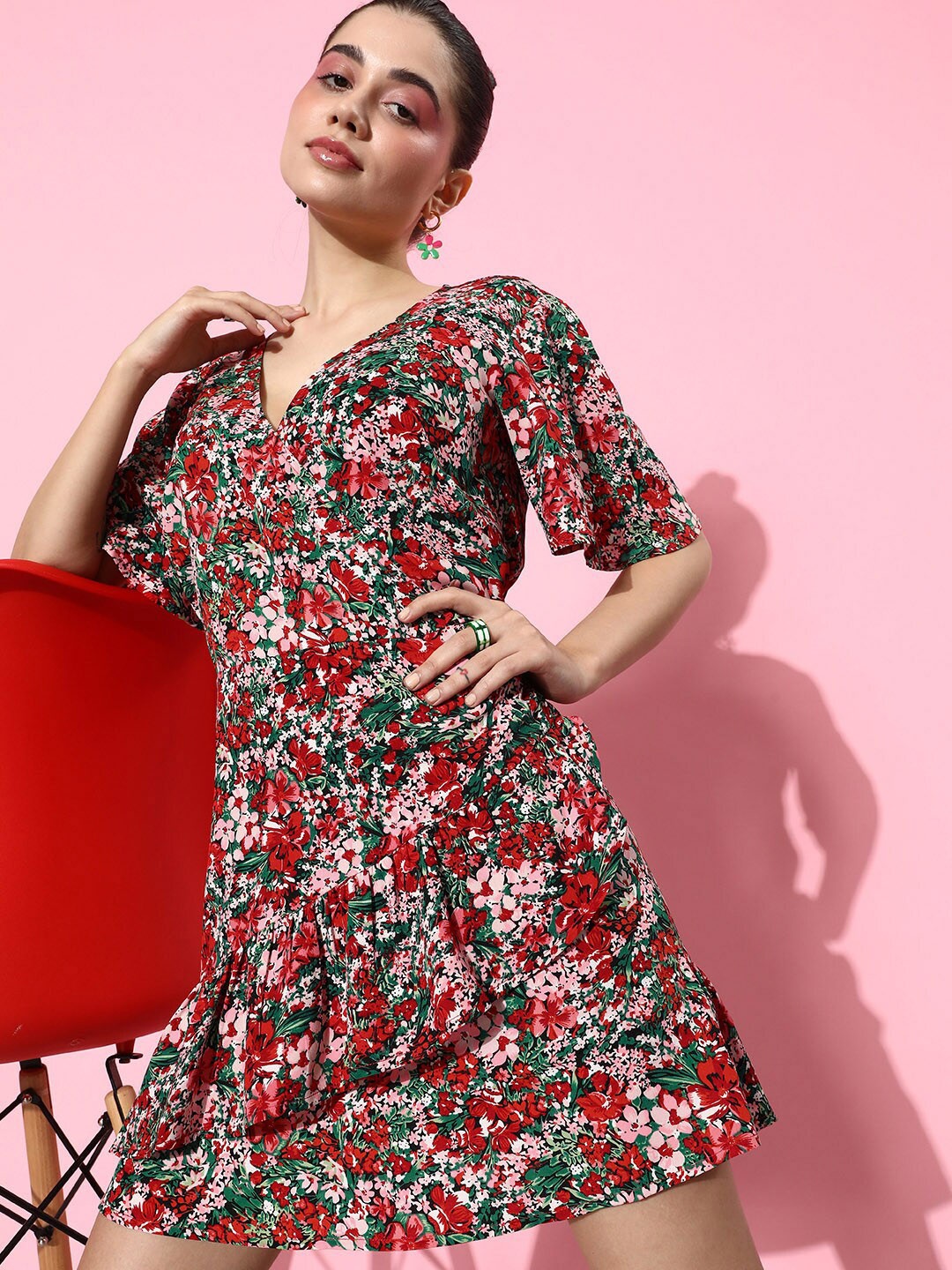 

HERE&NOW Floral Printed Flared Sleeves Ruffles Wrap Mini Dress, Multi