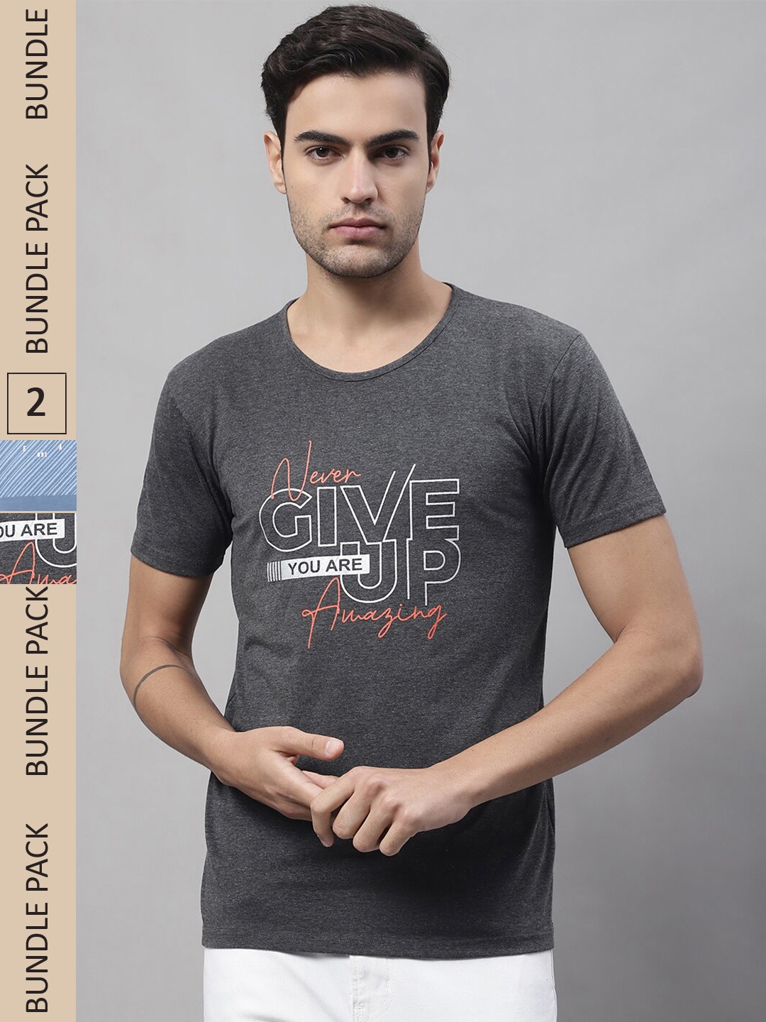 

MACK JONNEY Pack Of 2 Typography Printed Cotton T-shirt, Grey