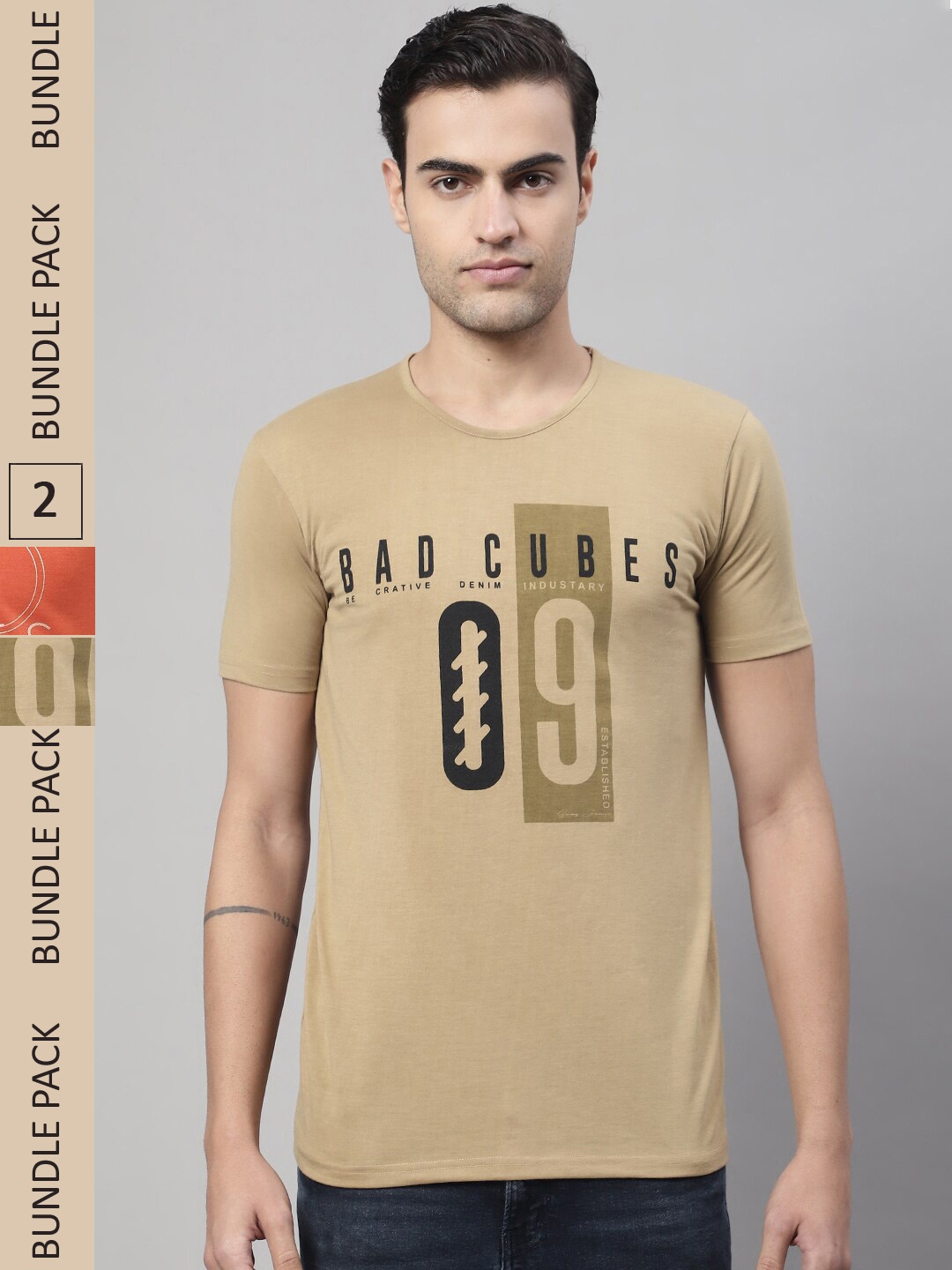 

VIMAL JONNEY Pack Of 2 Typography Printed Cotton T-shirt, Beige