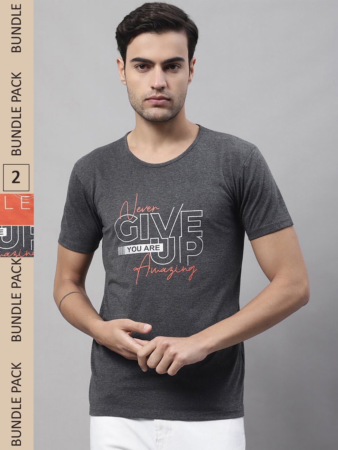 MACK JONNEY Pack Of 2 Typography Printed Cotton T-shirt, Charcoal