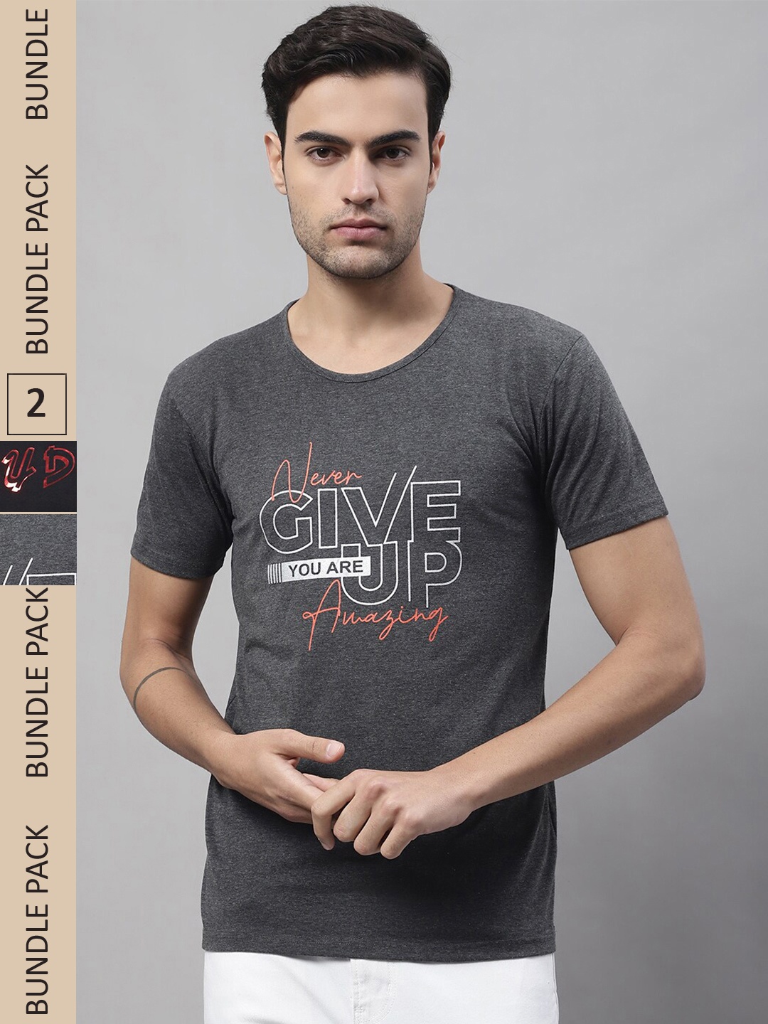 

VIMAL JONNEY Pack Of 2 Typography Printed Cotton T-shirt, Charcoal