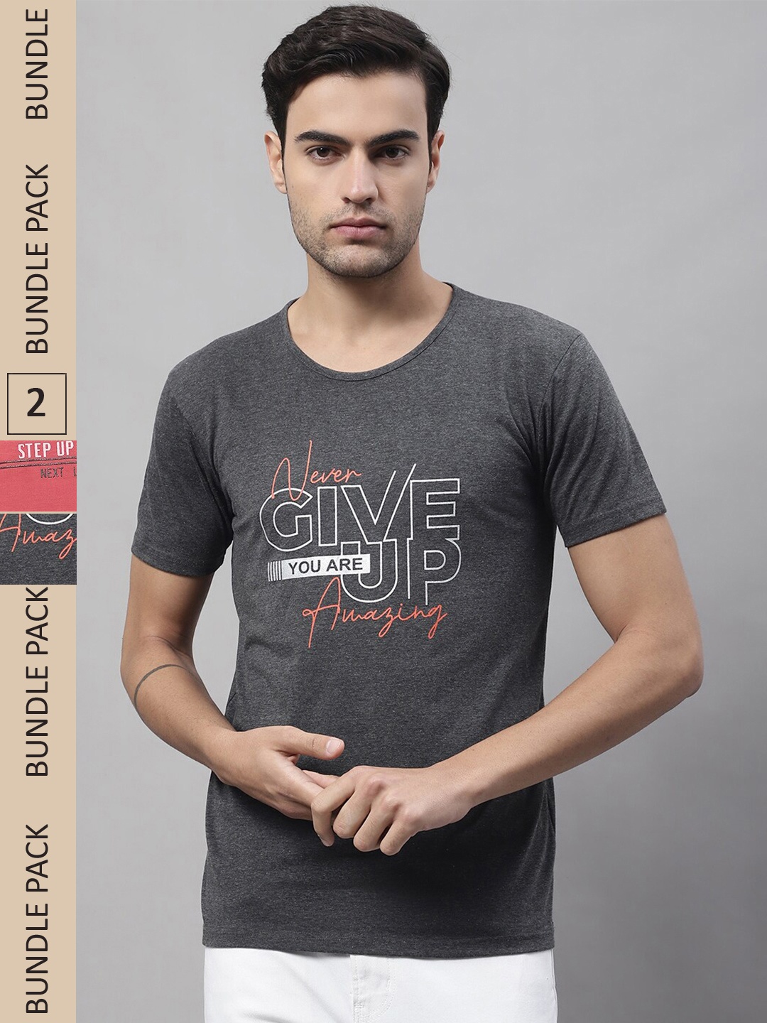 

MACK JONNEY Pack Of 2 Typography Printed Cotton T-shirt, Charcoal
