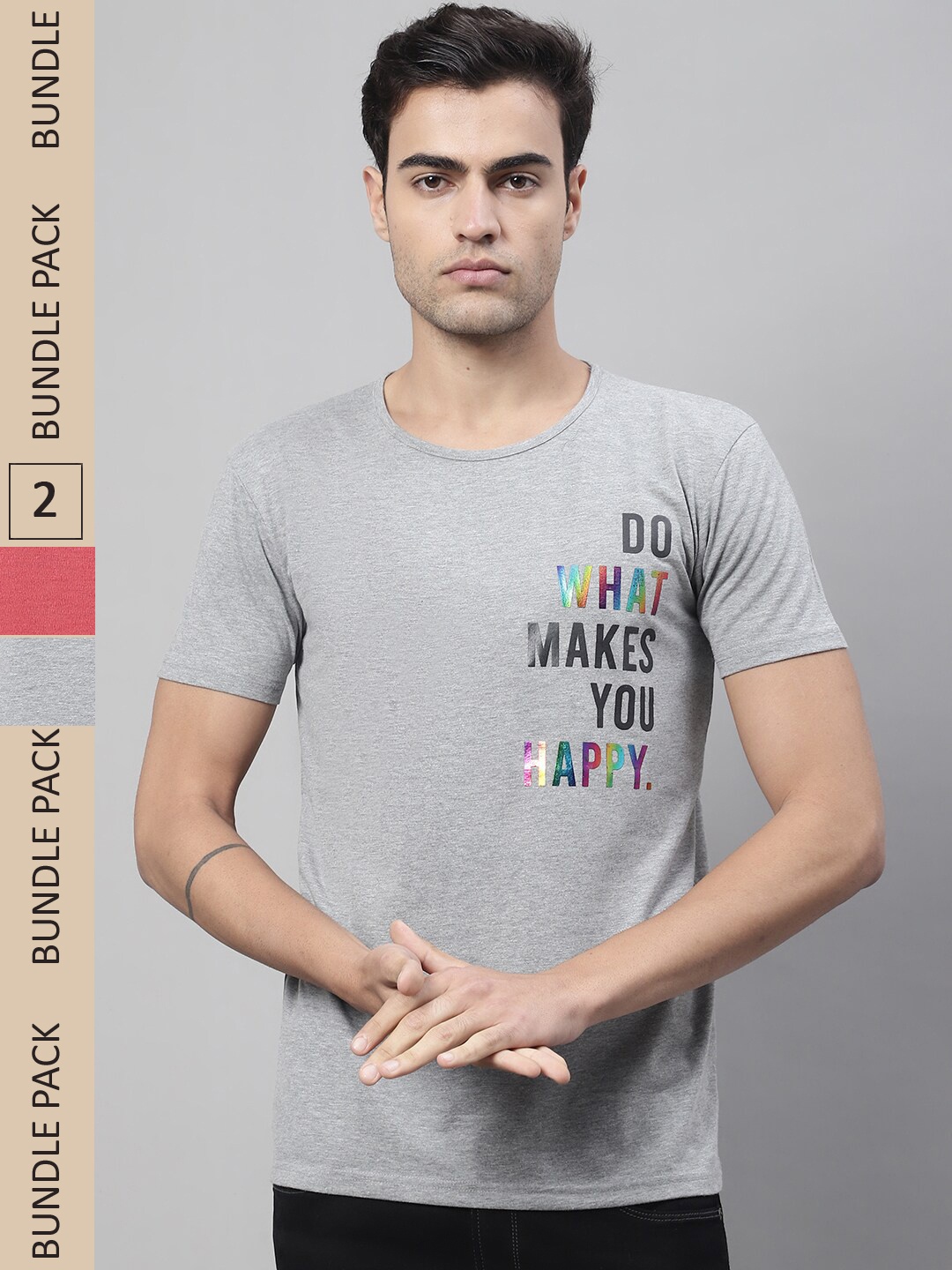 

VIMAL JONNEY Pack Of 2 Typography Printed Cotton T-shirt, Peach