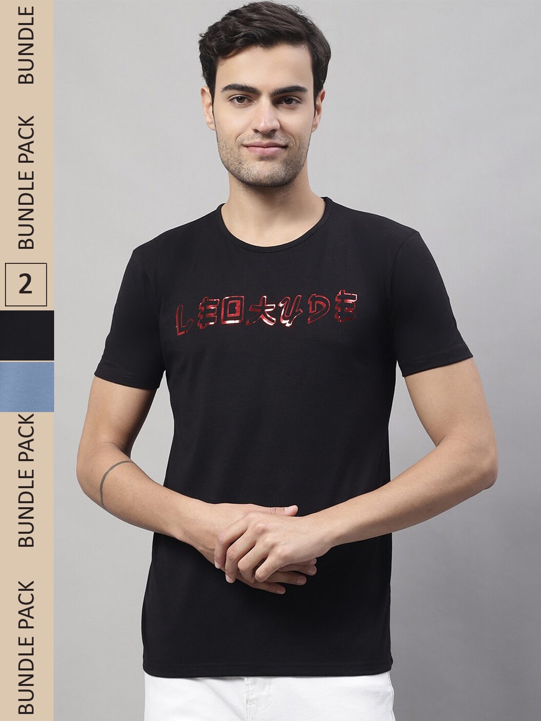 

MACK JONNEY Pack of 2 Printed Round Neck Cotton T-shirt, Black