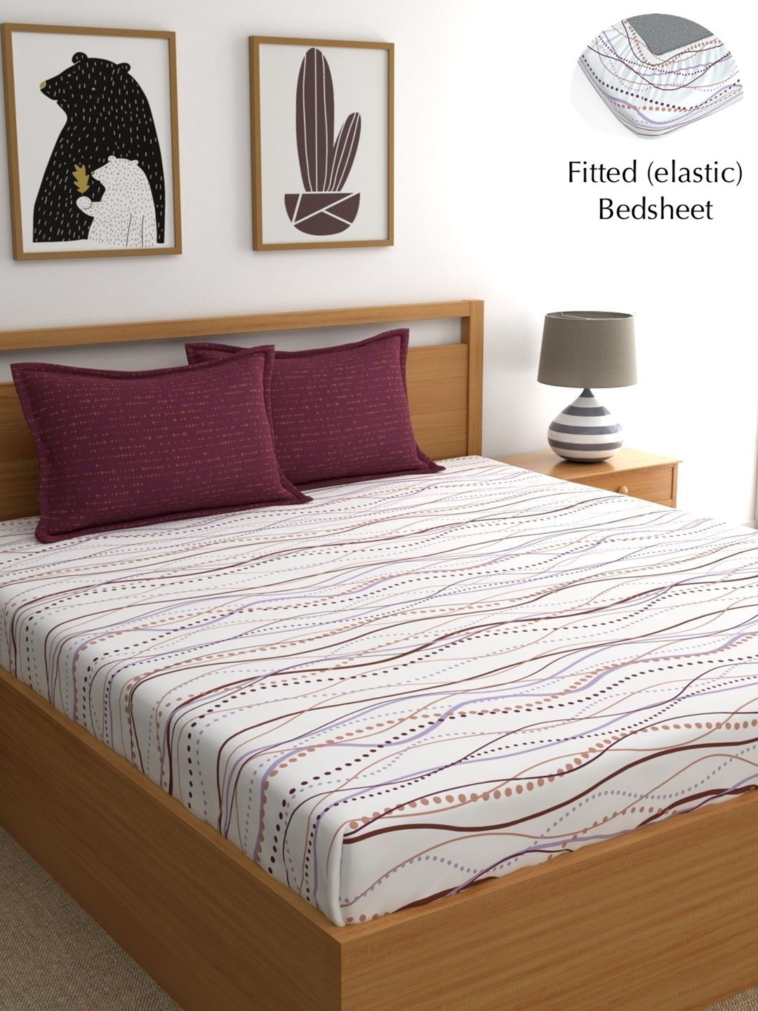 

Dreamscape Off White & Maroon Striped 140 TC Cotton Fitted King Bedsheet & 2 Pillow Covers