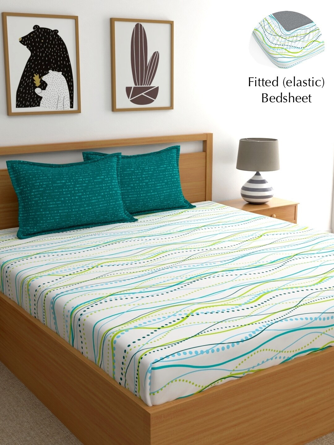 

Dreamscape White & Green Striped 140 TC Pure Cotton Fitted King Bedsheet & 2 Pillow Covers