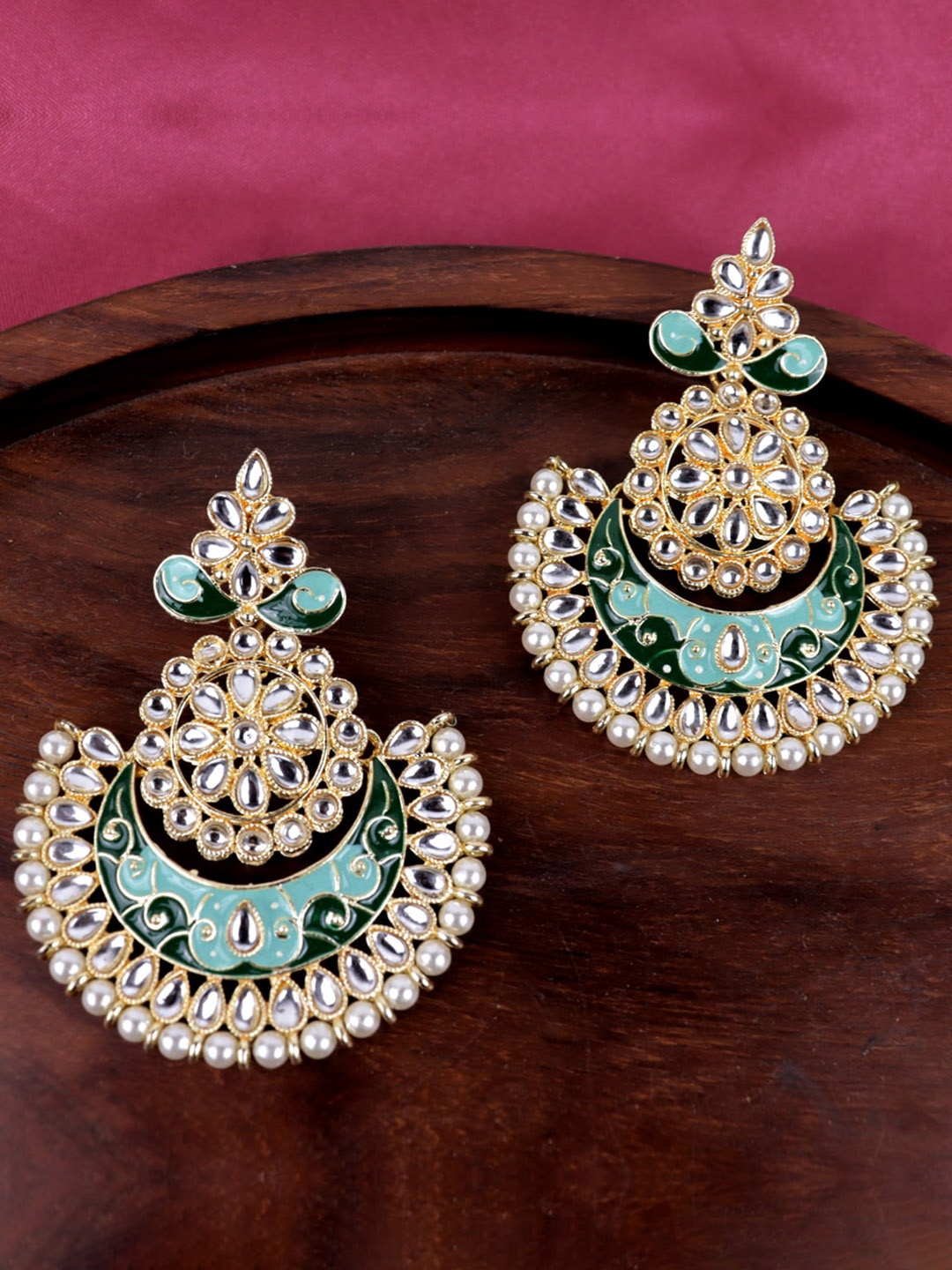 

VAGHBHATT Gold-Plated Circular Enamelled Chandbalis Earrings, Green