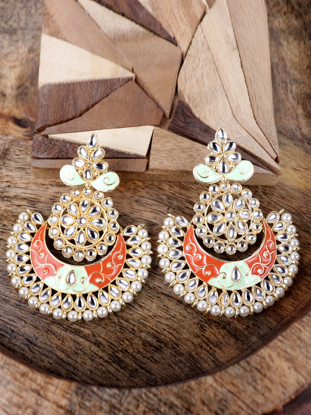 

VAGHBHATT Gold-Plated Circular Enamelled Chandbalis Earrings, Orange