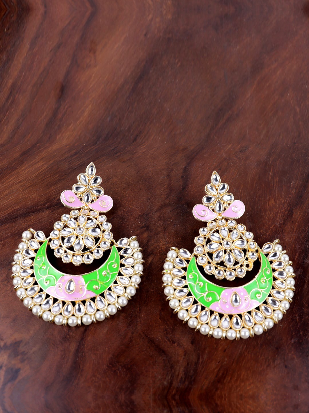 

VAGHBHATT Gold-Plated Circular Enamelled Chandbalis Earrings, Pink