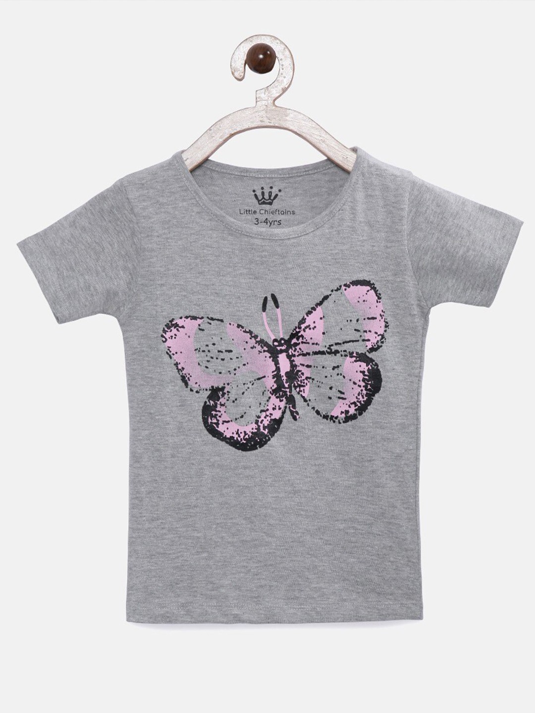 

Little Chieftains Girls Conversational Printed Cotton T-shirt, Grey melange