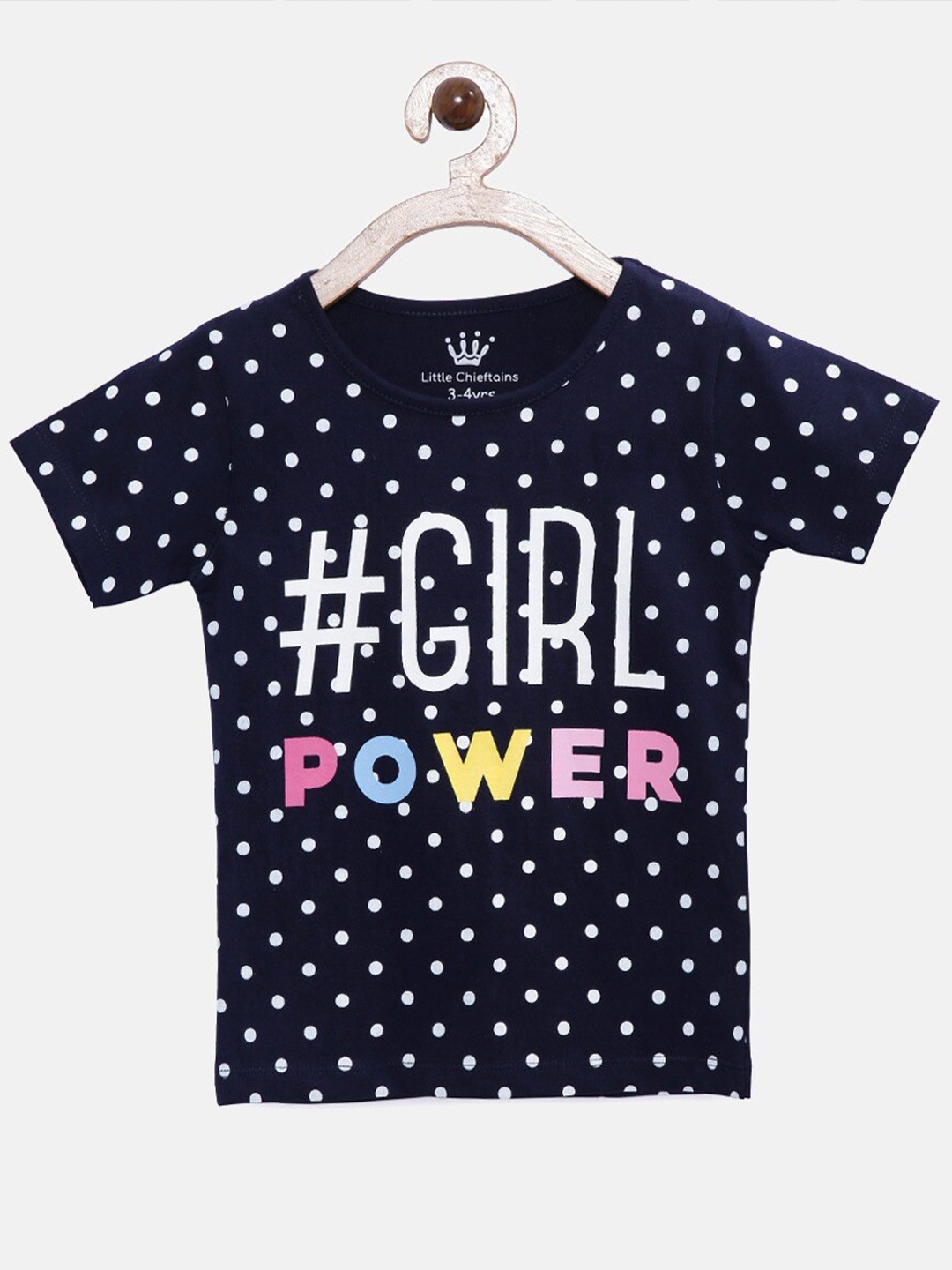 

Little Chieftains Girls Typography Printed Round Neck Cotton T-shirt, Navy blue