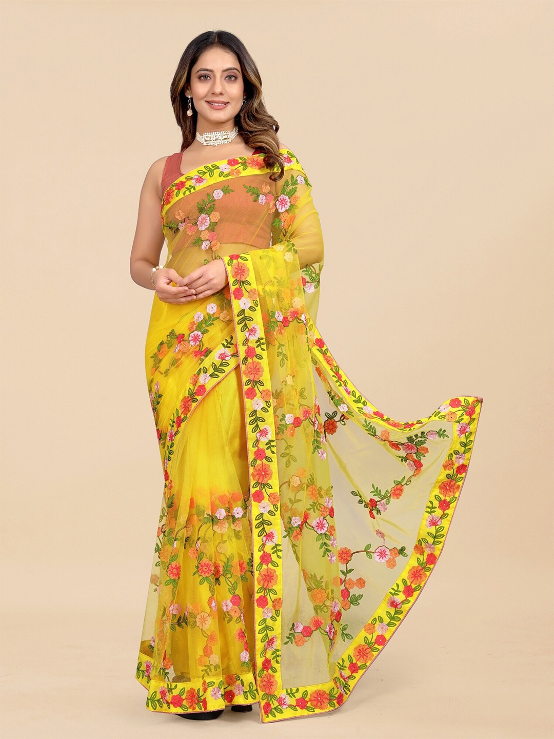 

APNISHA Floral Embroidered Net Saree, Yellow