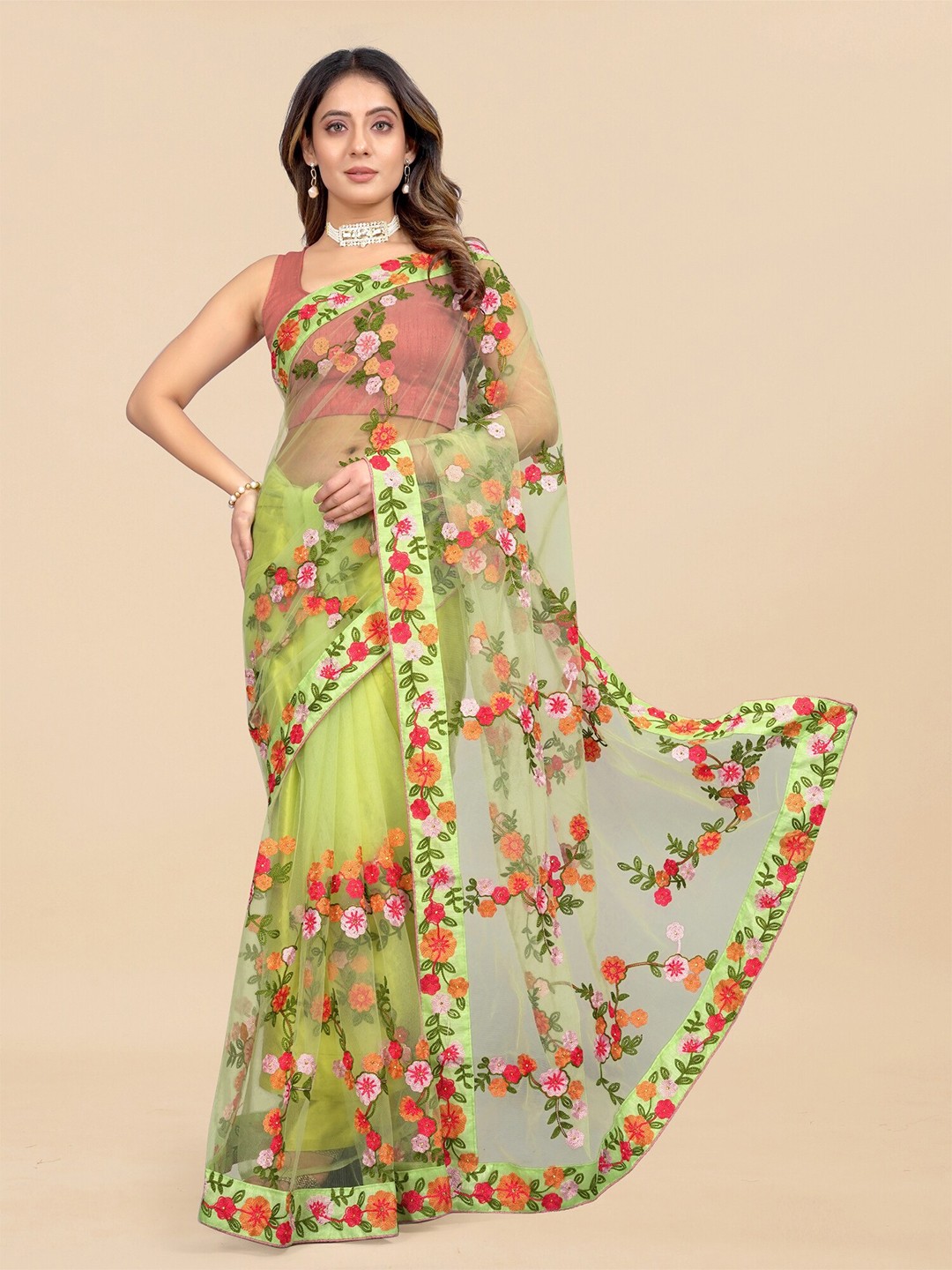 

APNISHA Floral Embroidered Saree, Lime green