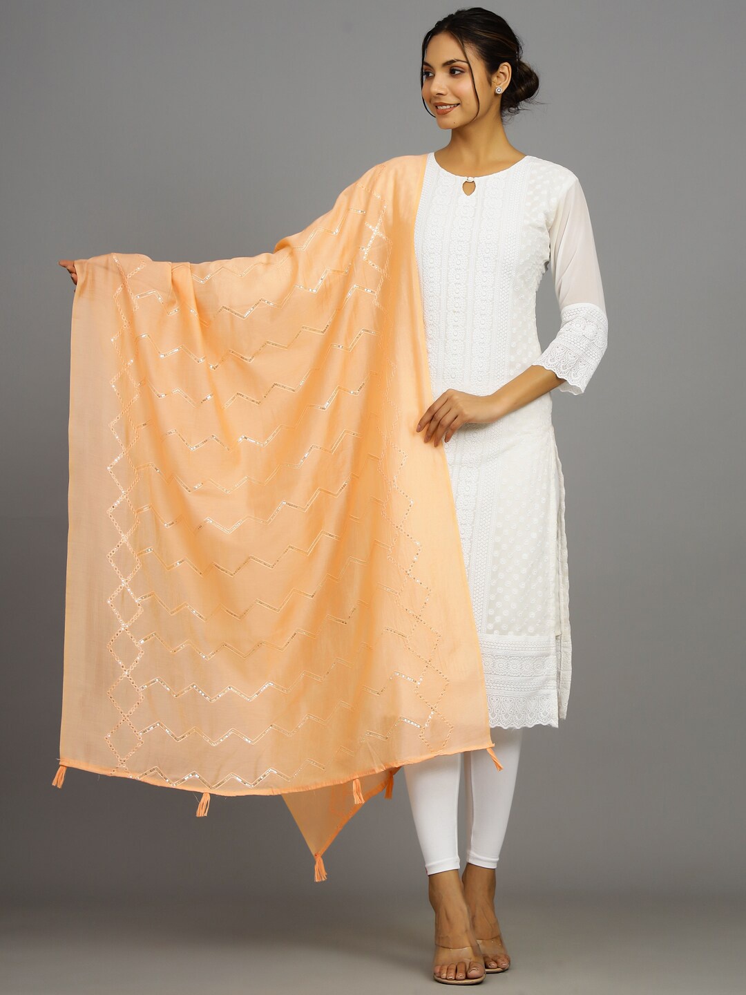 

HANDICRAFT PALACE Geometric Embroidered Dupatta, Peach