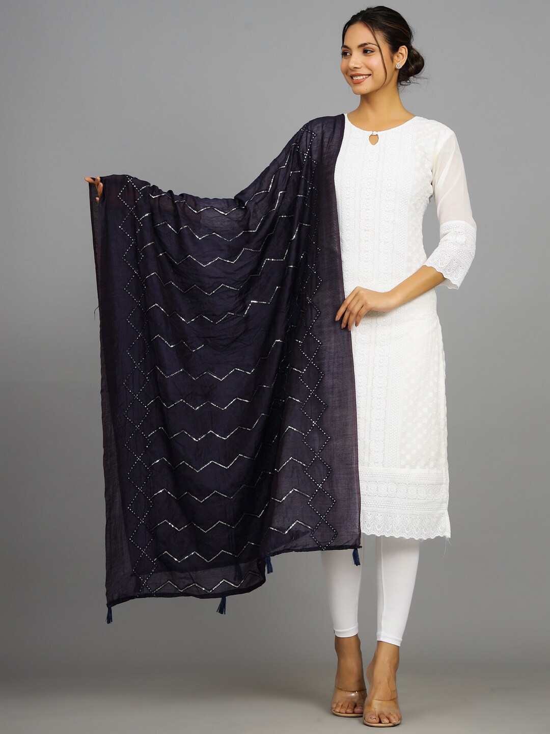 

HANDICRAFT PALACE Geometric Embroidered Dupatta, Navy blue