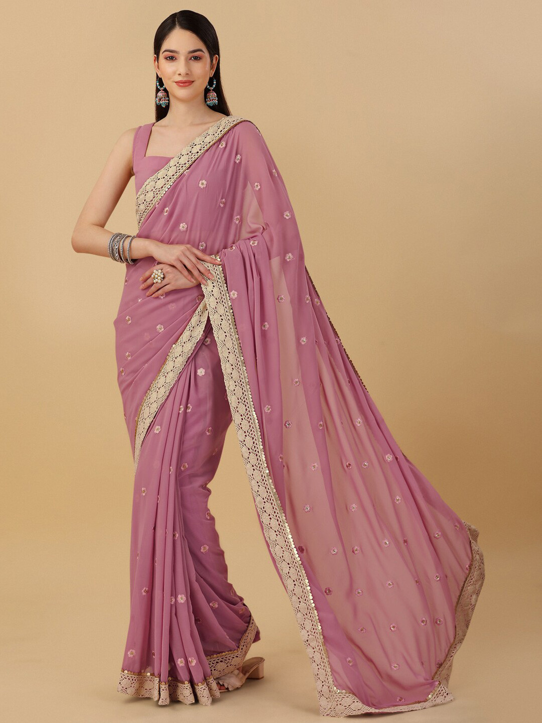 

Sangria Floral Embroidered Saree, Pink