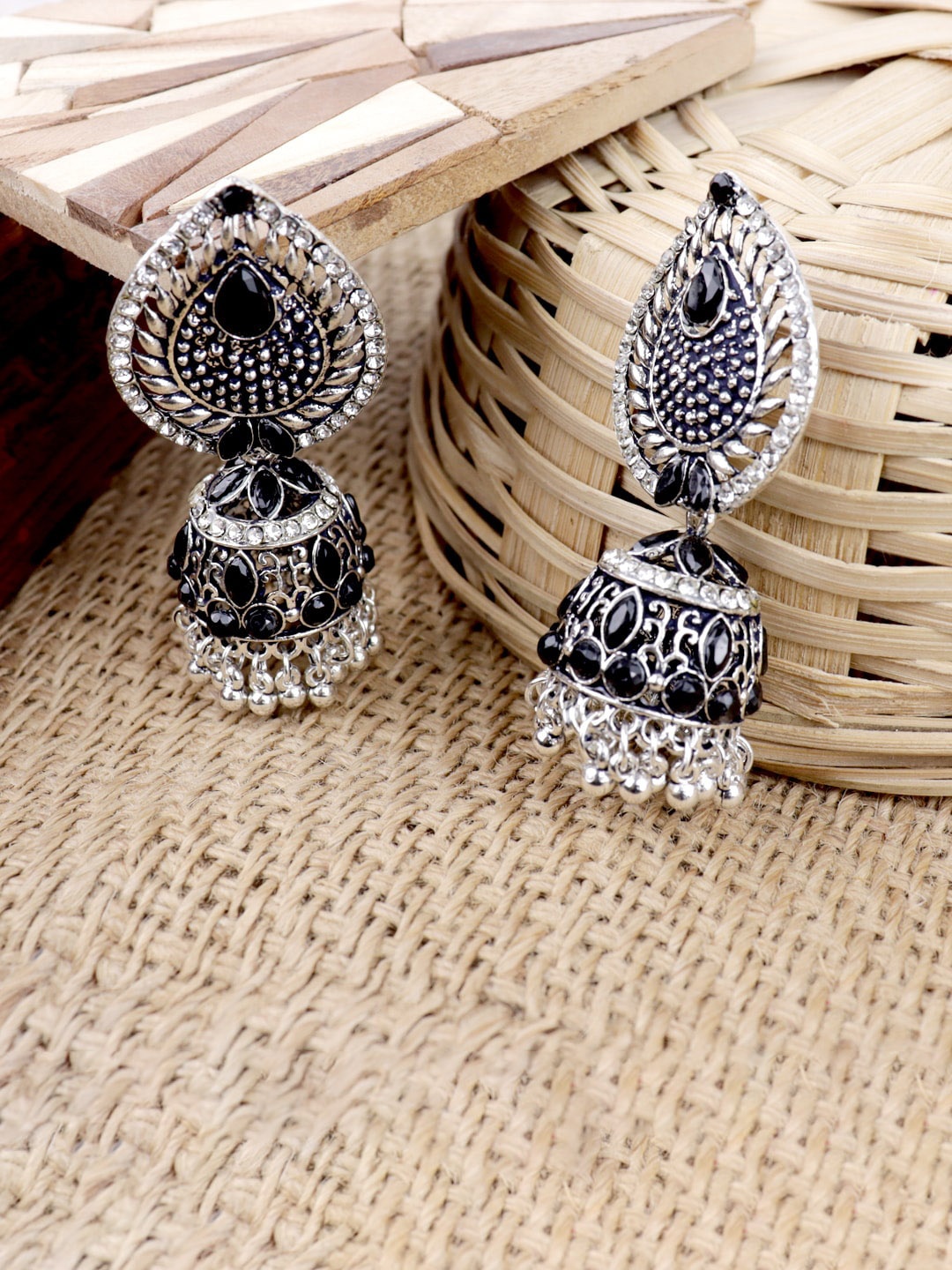 

VAGHBHATT Silver-Plated Dome Shaped Jhumkas Earrings, Black