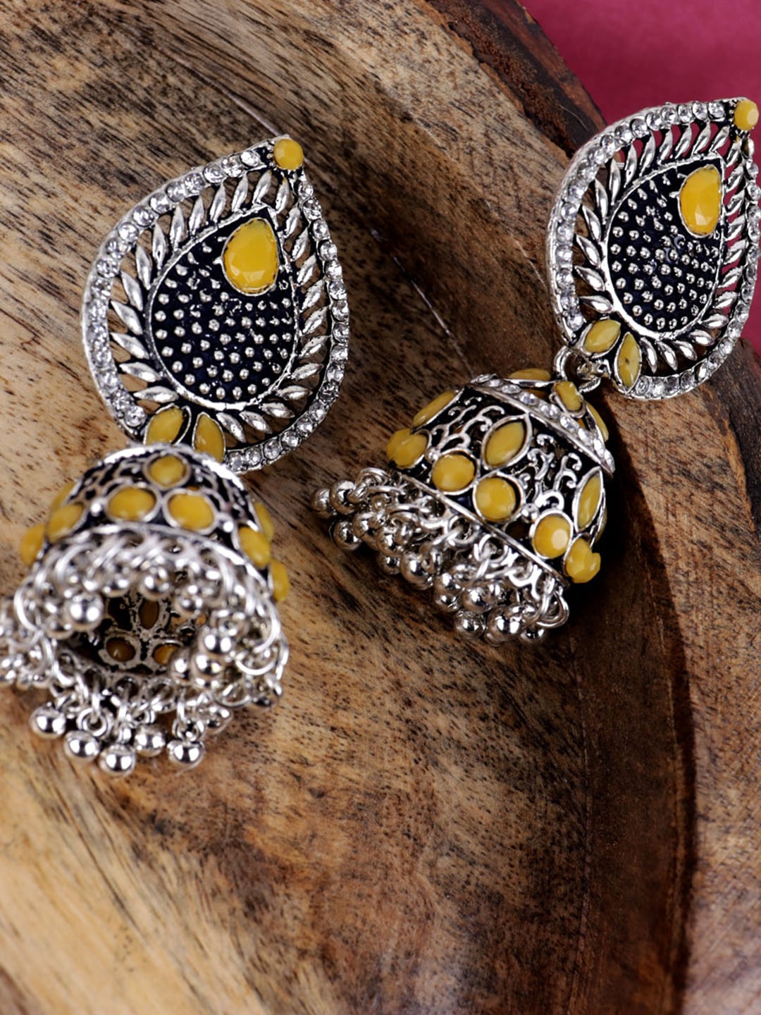 

VAGHBHATT Silver Plated Dome Shaped Jhumkas Earrings, Yellow