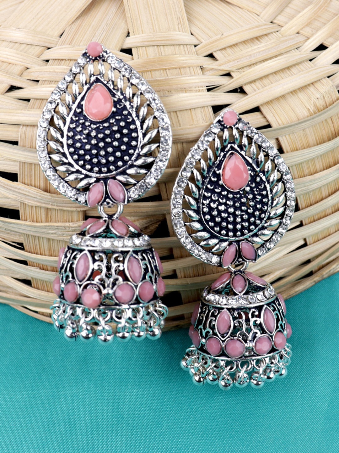 

VAGHBHATT Silver-Plated Oxidised Dome Shaped Jhumkas Earrings, Peach