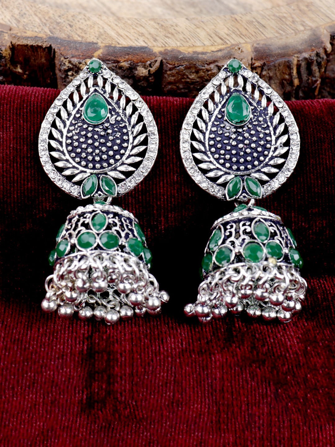 

VAGHBHATT Silver Plated Dome Shaped Jhumkas Earrings, Green