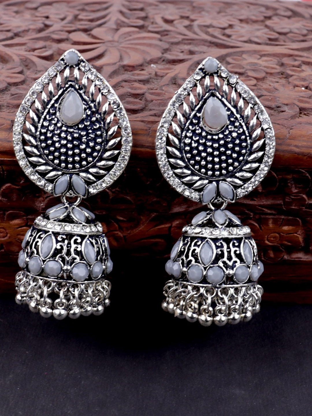

VAGHBHATT Silver-Plated Stone Studded Dome Shaped Jhumkas Earrings, Grey