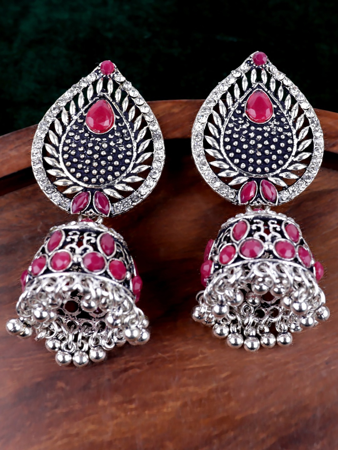 

VAGHBHATT Silver-Plated Stone-Studded Dome Shaped Jhumkas Earrings, Pink