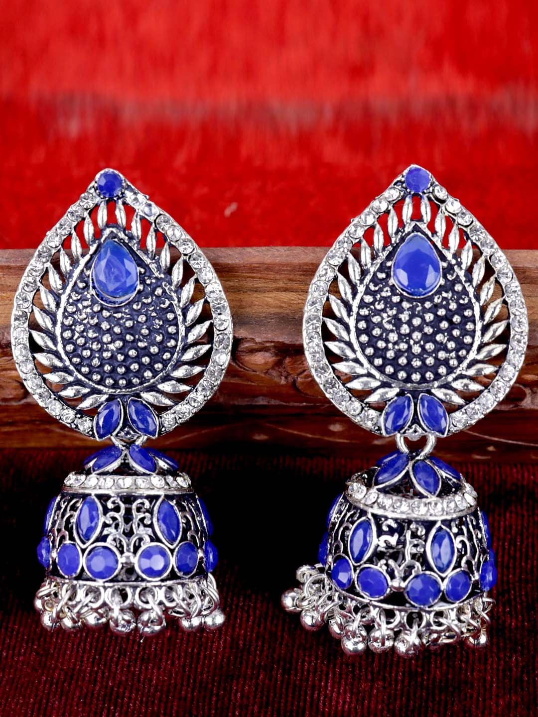 

VAGHBHATT Silver-Plated Dome Shaped Jhumkas Earrings, Blue