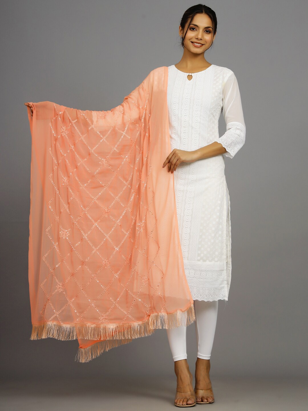 

HANDICRAFT PALACE Embroidered Chiffon Dupatta, Peach