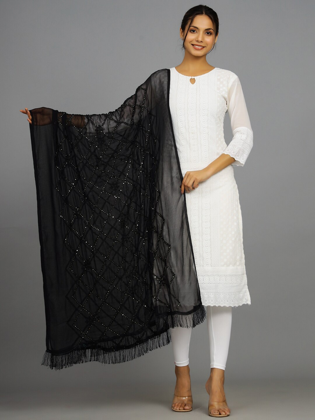 

HANDICRAFT PALACE Chiffon Embroidered Dupatta with Sequinned, Black