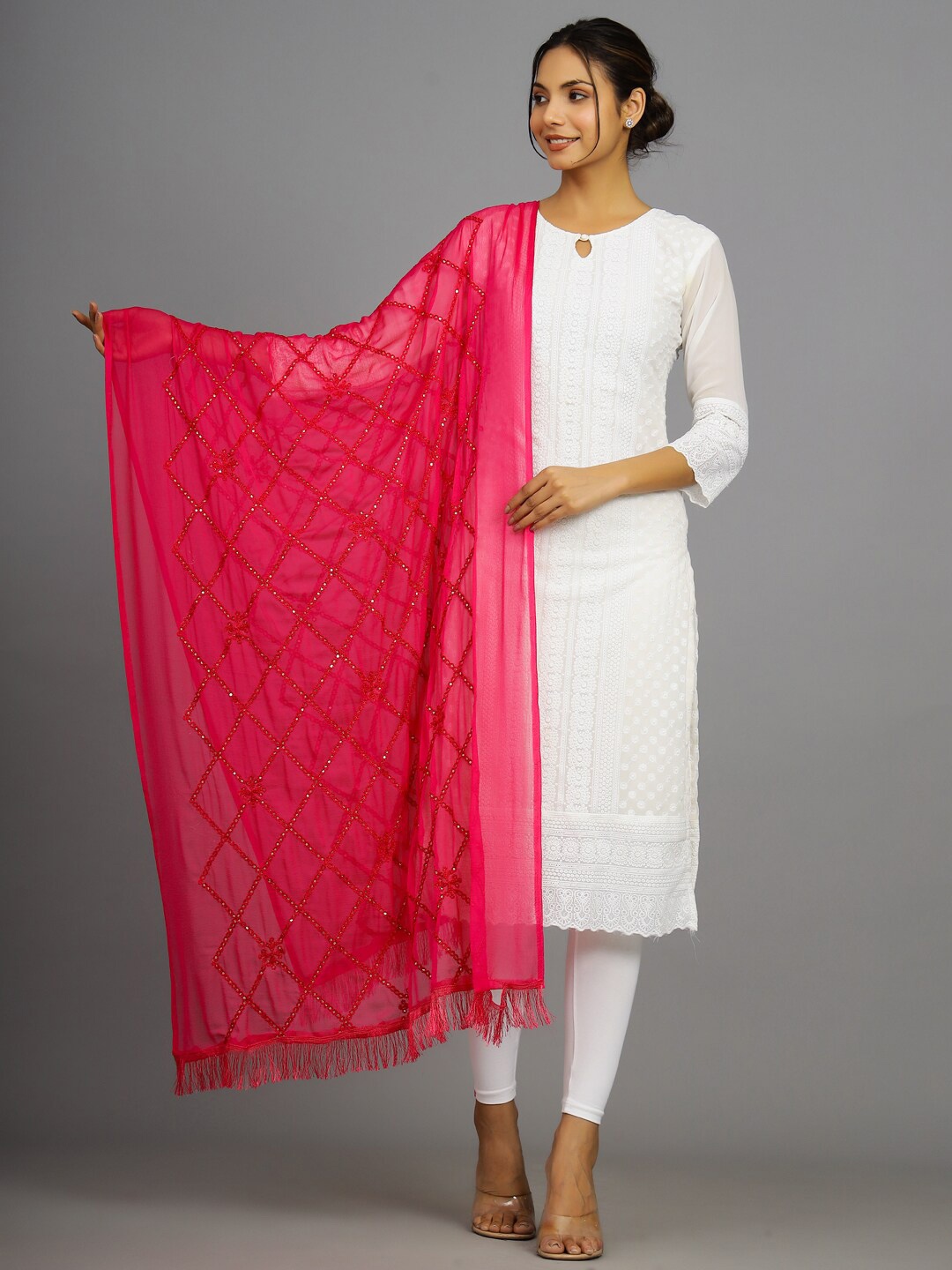 

HANDICRAFT PALACE Embroidered Chiffon Dupatta, Fuchsia