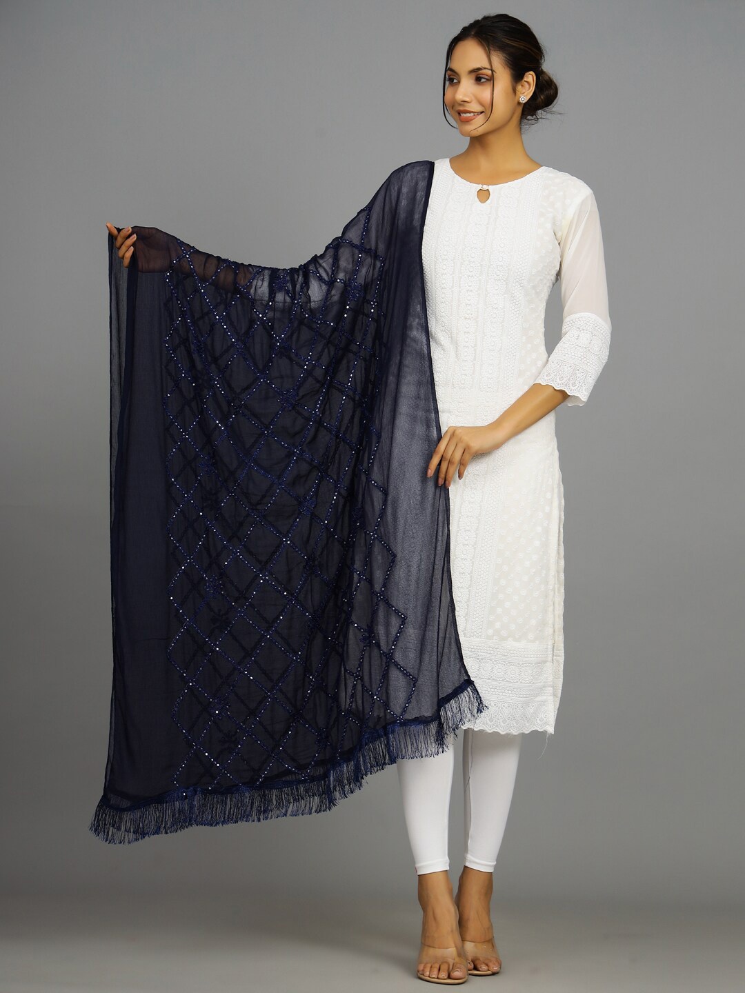 

HANDICRAFT PALACE Embroidered Chiffon Dupatta, Navy blue