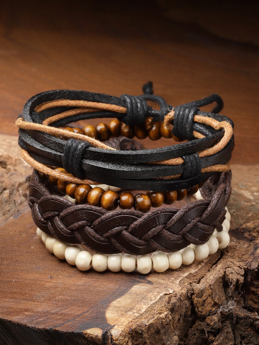

VOGUE PANASH Men Set of 4 Leather Multistrand Wraparound Bracelet, Brown