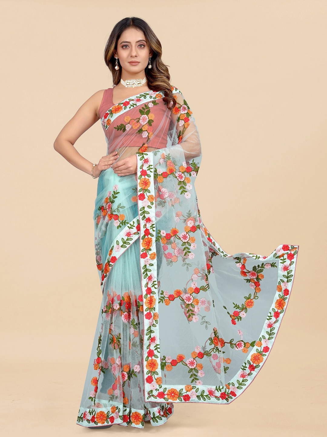 

APNISHA Floral Embroidered Net Saree, Sea green