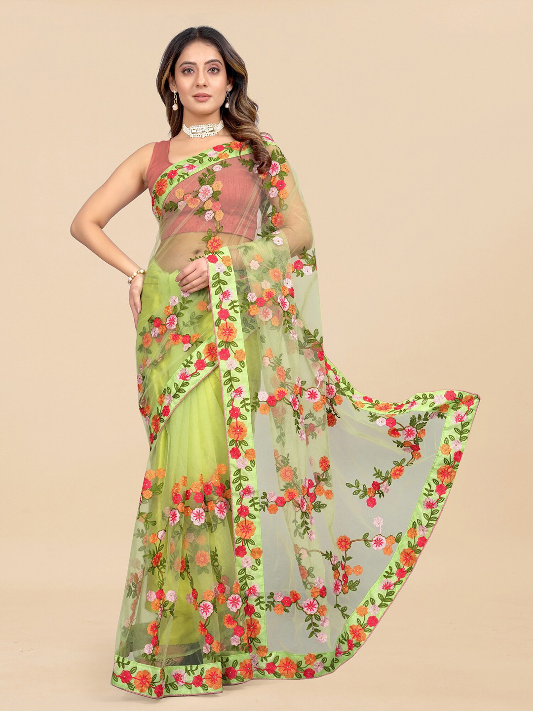 

APNISHA Floral Embroidered Saree, Lime green