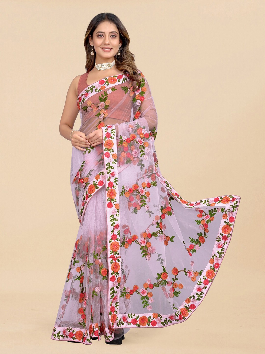 

APNISHA Floral Embroidered Heavy Work Saree, Pink