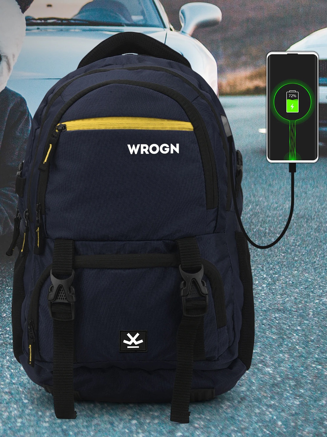 

WROGN ASHPER Ergonomic Water Resistant Backpack with USB Charging Port & Rain Cover, Navy blue