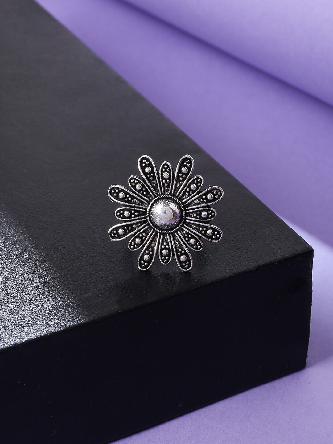 

VIRAASI Silver-Plated Oxidised Floral Adjustable Finger Ring