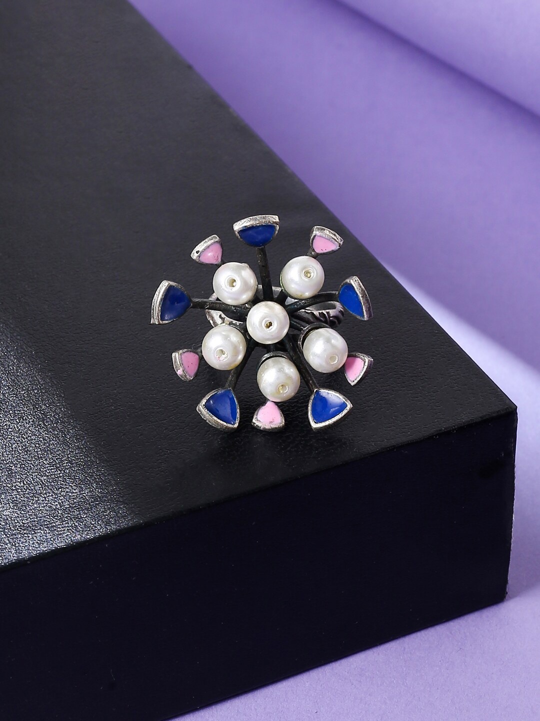

VIRAASI Silver-Plated Oxidised Pearl Beaded Adjustable Finger Ring