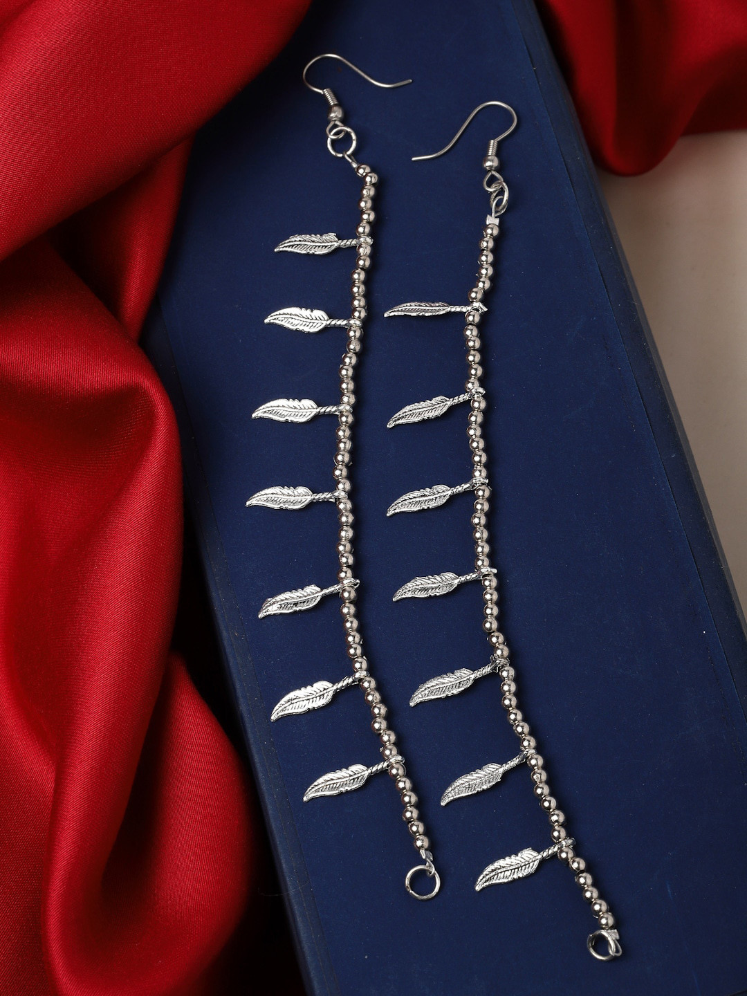 

PANASH Silver-Plated Leaf Shaped Oxidised Drop Earrings